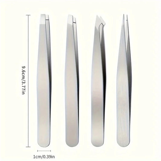 4-Piece Professional Tweezers Set – Stainless Steel Hair Removal Tools