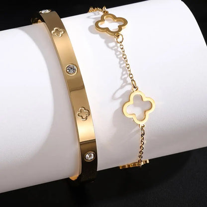 Lucky Clover Bracelet Set – 2pcs Stainless Steel & Zircon