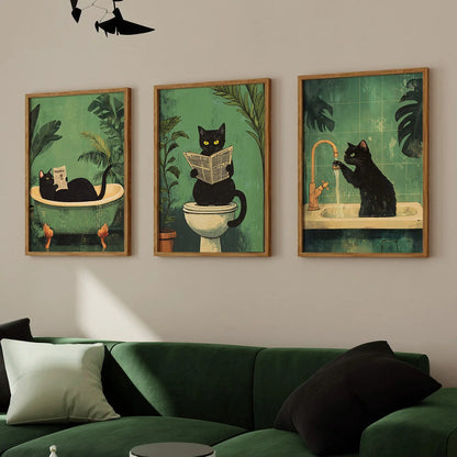 Funny Black Cat Bathroom Wall Art – Set of 3 Retro Canvas Prints.