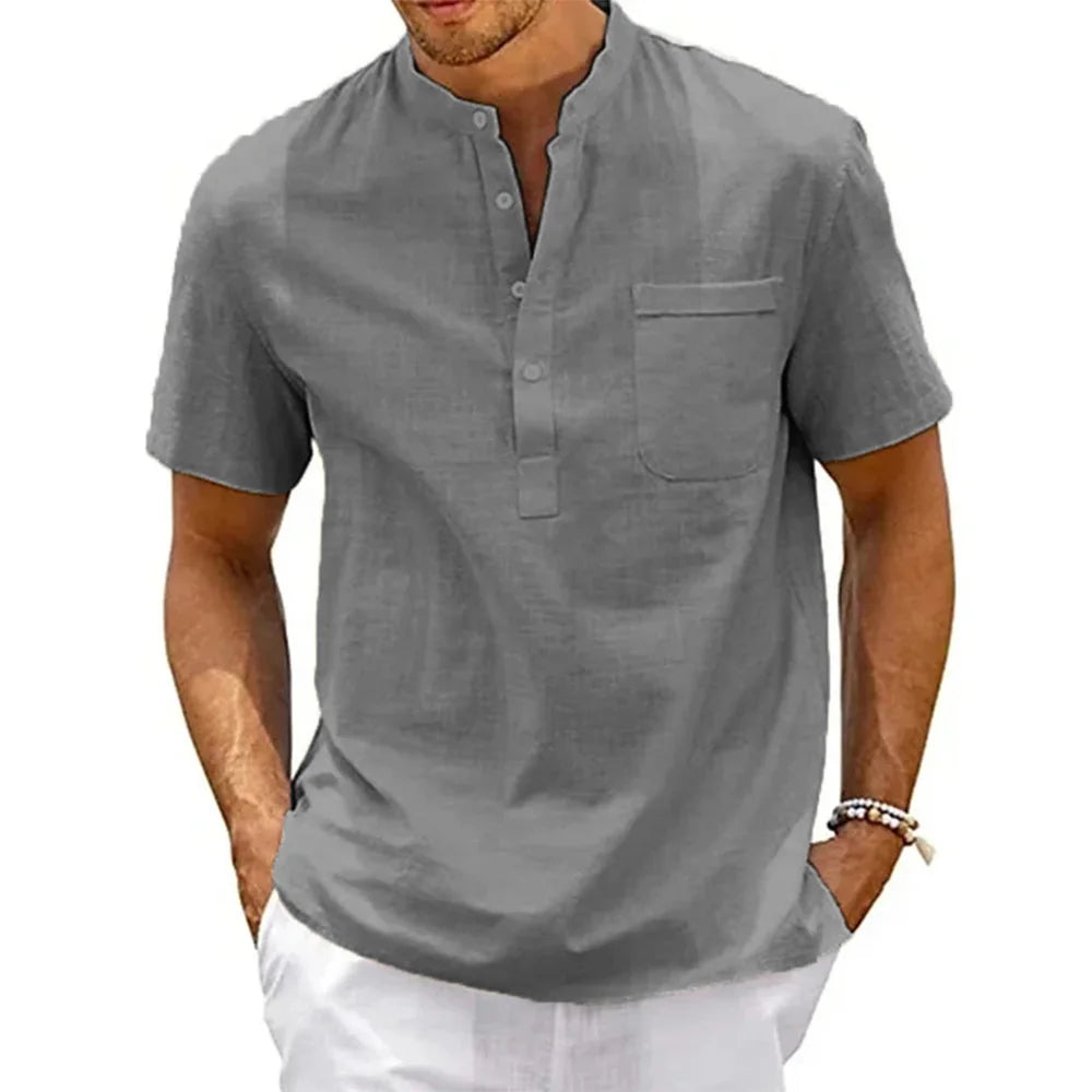 Men’s Cotton Linen Henley Shirt – Casual Short Sleeve