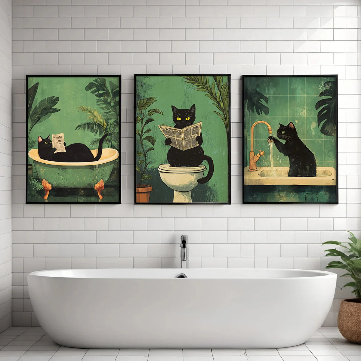 Funny Black Cat Bathroom Wall Art – Set of 3 Retro Canvas Prints.