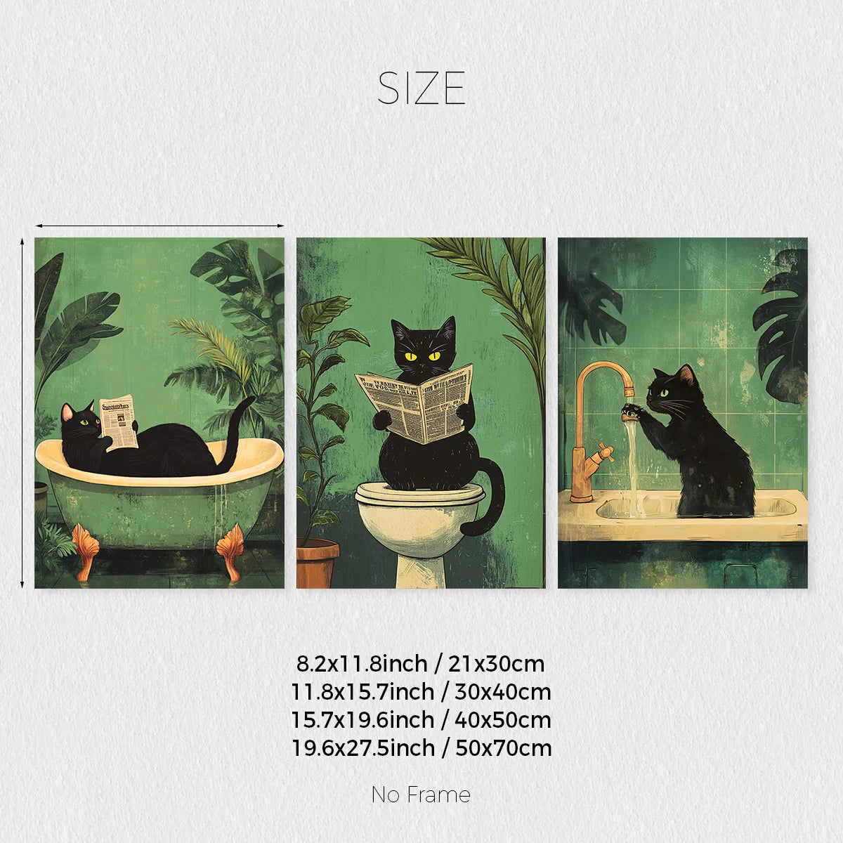 Funny Black Cat Bathroom Wall Art – Set of 3 Retro Canvas Prints.