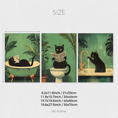 Funny Black Cat Bathroom Wall Art – Set of 3 Retro Canvas Prints.