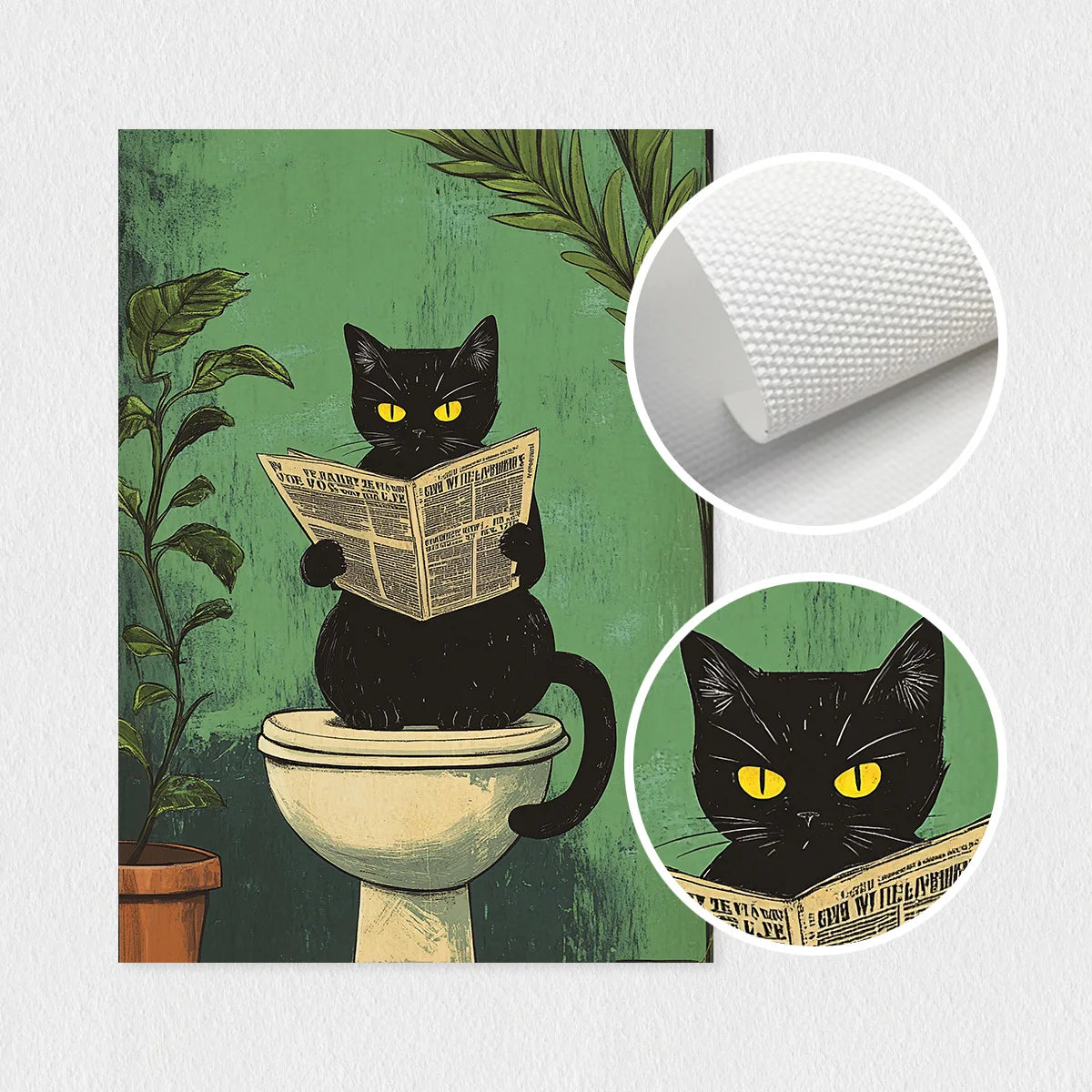 Funny Black Cat Bathroom Wall Art – Set of 3 Retro Canvas Prints.