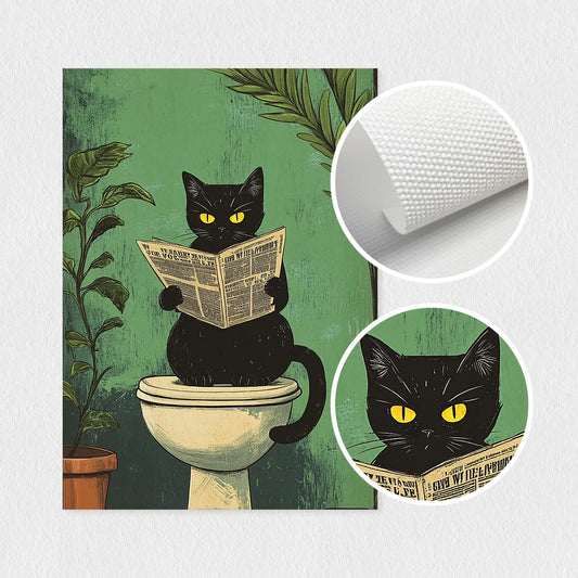 Funny Black Cat Bathroom Wall Art – Set of 3 Retro Canvas Prints.