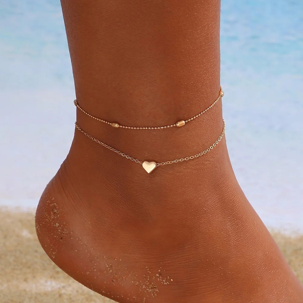 5-Piece Boho Anklet Set with Butterfly, Star, Heart & Pearl Charms