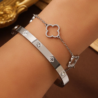 Lucky Clover Bracelet Set – 2pcs Stainless Steel & Zircon