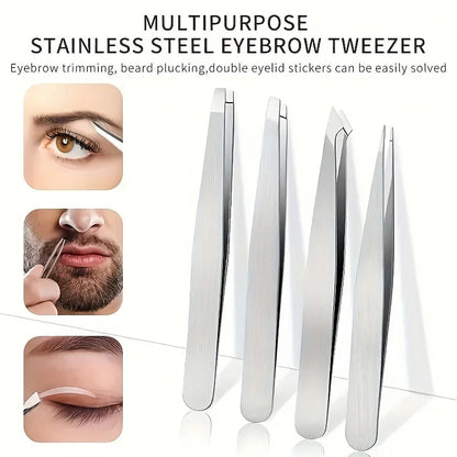 4-Piece Professional Tweezers Set – Stainless Steel Hair Removal Tools