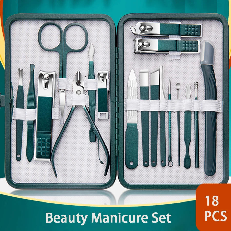 Green 6–18pcs Manicure Set – Professional Nail & Foot Care Tools