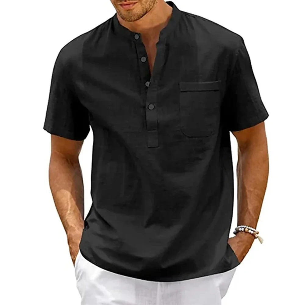 Men’s Cotton Linen Henley Shirt – Casual Short Sleeve