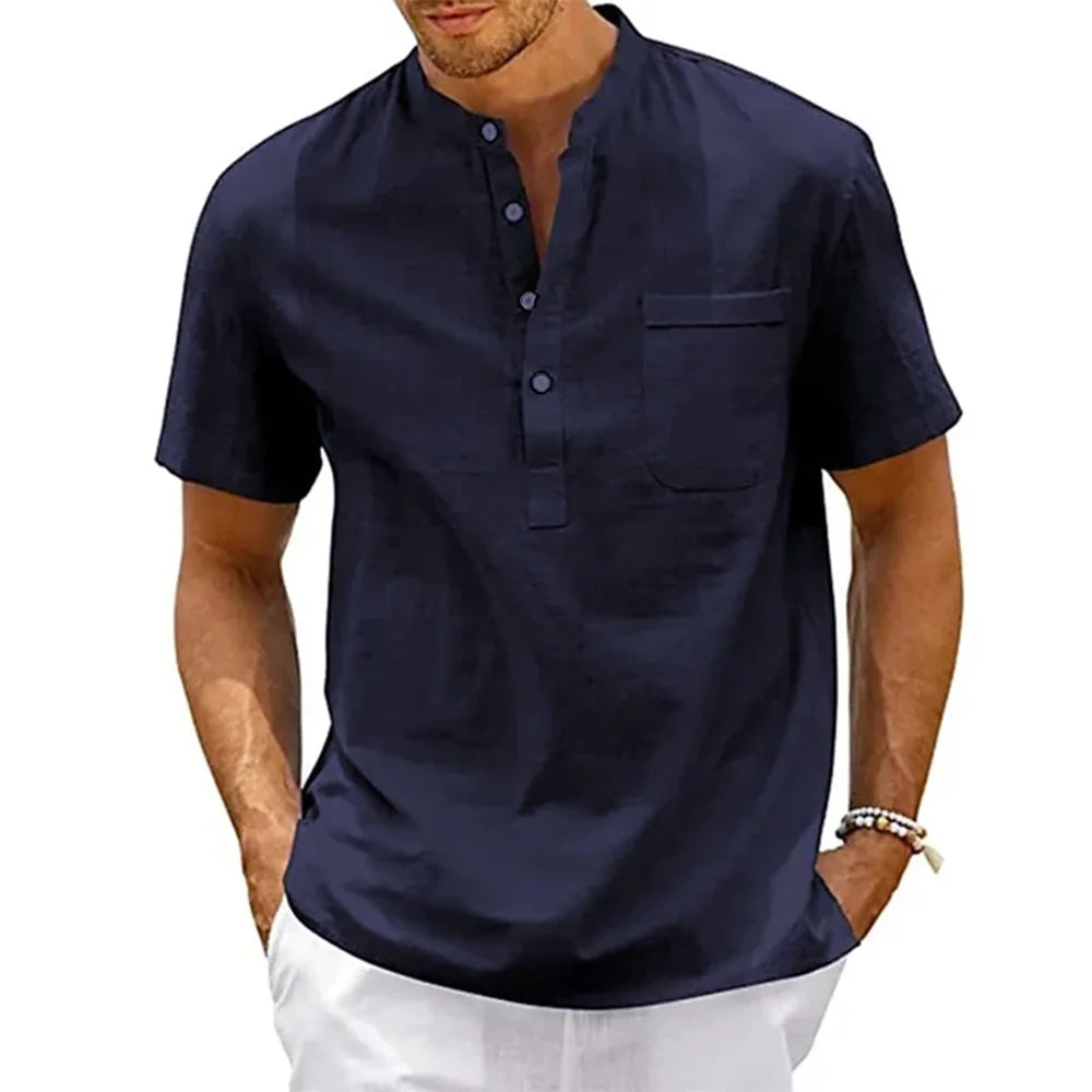 Men’s Cotton Linen Henley Shirt – Casual Short Sleeve
