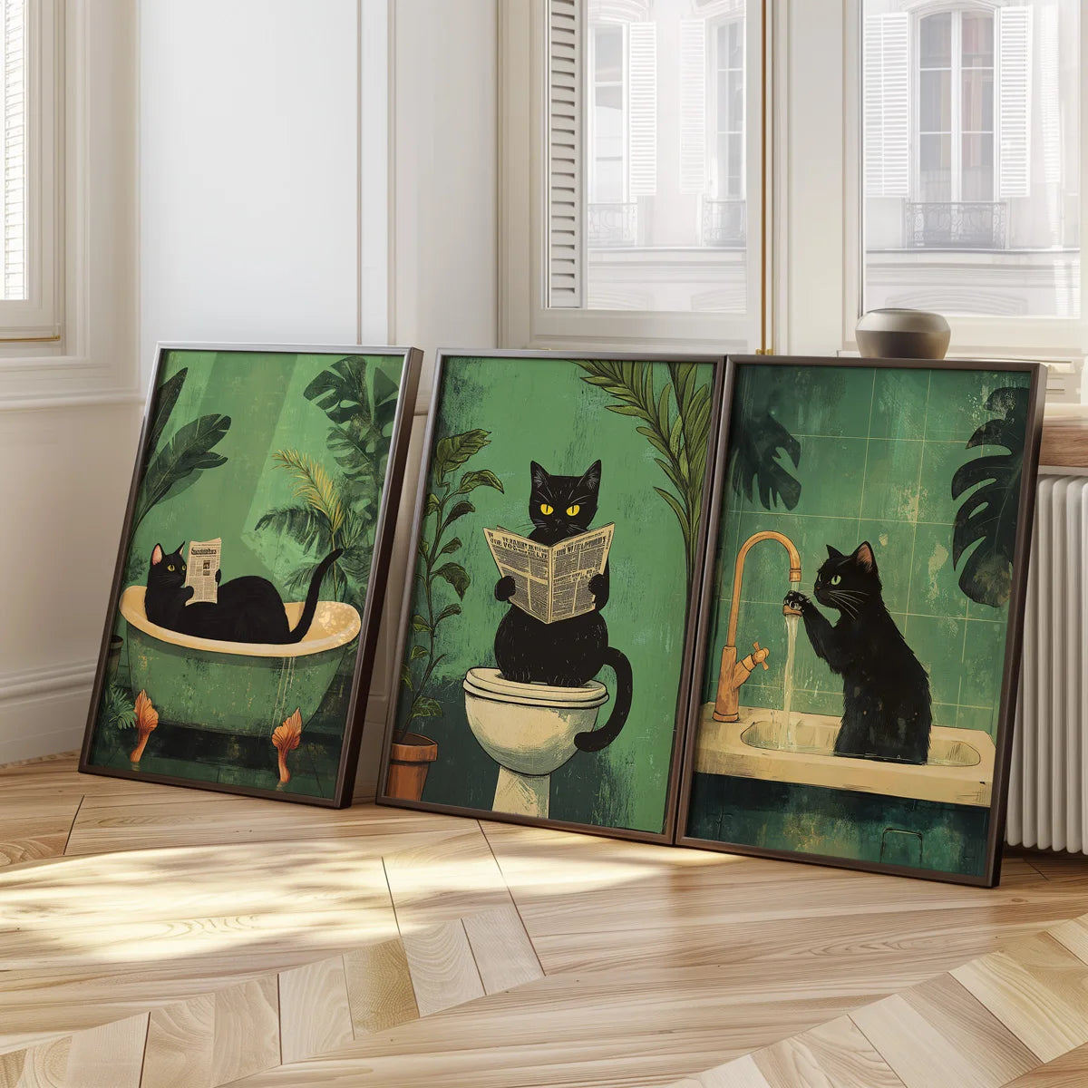 Funny Black Cat Bathroom Wall Art – Set of 3 Retro Canvas Prints.