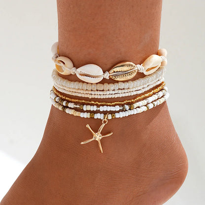 5-Piece Boho Anklet Set with Butterfly, Star, Heart & Pearl Charms
