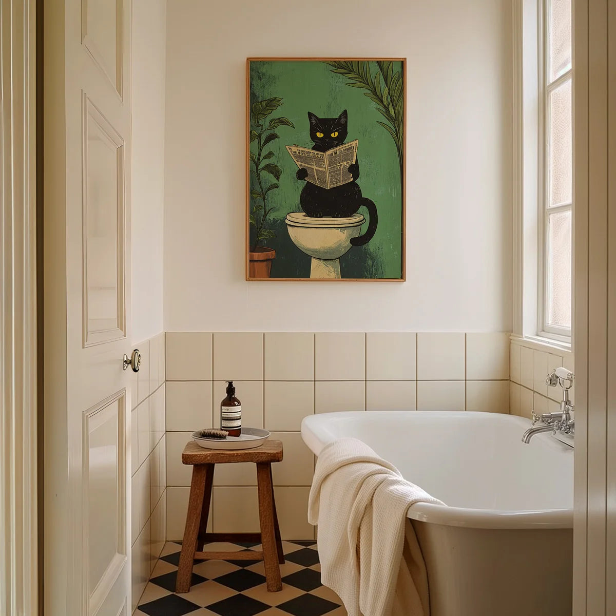 Funny Black Cat Bathroom Wall Art – Set of 3 Retro Canvas Prints.