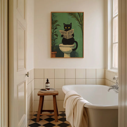 Funny Black Cat Bathroom Wall Art – Set of 3 Retro Canvas Prints.