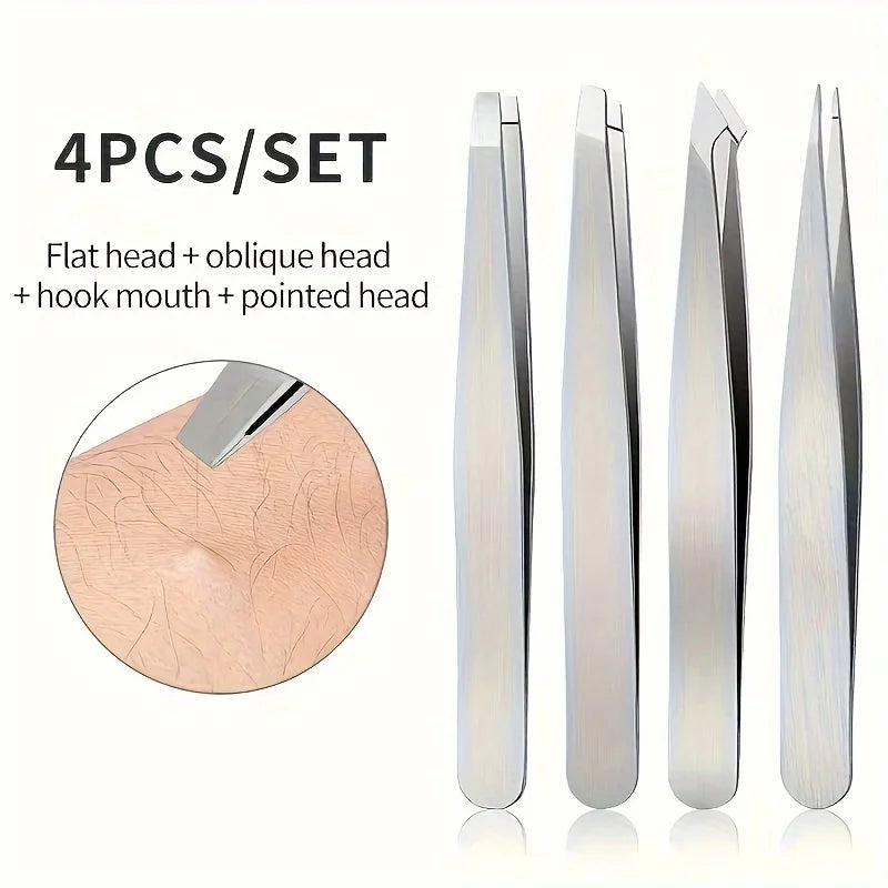 4-Piece Professional Tweezers Set – Stainless Steel Hair Removal Tools