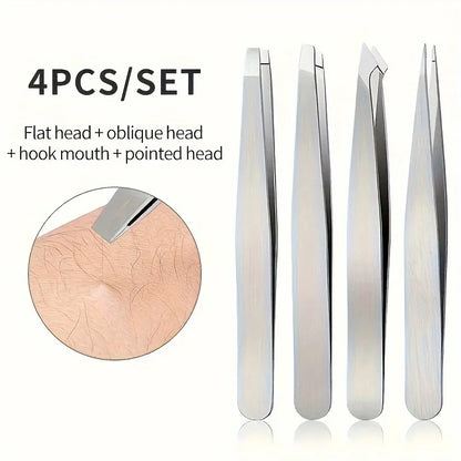 4-Piece Professional Tweezers Set – Stainless Steel Hair Removal Tools