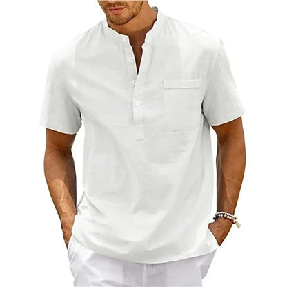 Men’s Cotton Linen Henley Shirt – Casual Short Sleeve