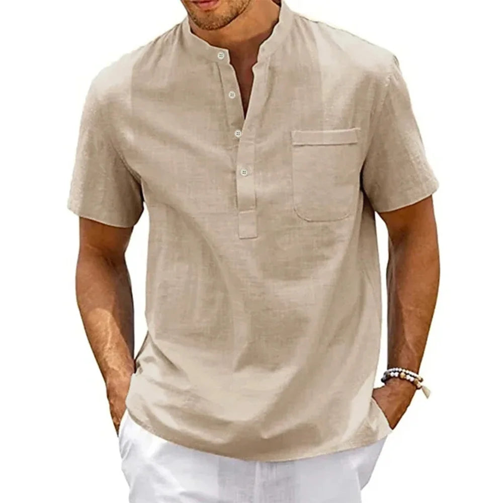 Men’s Cotton Linen Henley Shirt – Casual Short Sleeve